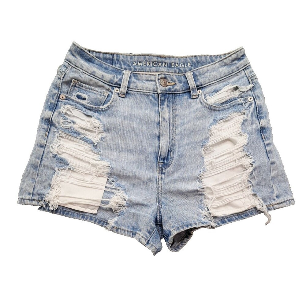 American Eagle Blue Jean Shorts Womens 2 High Rise Distressed Denim moms short